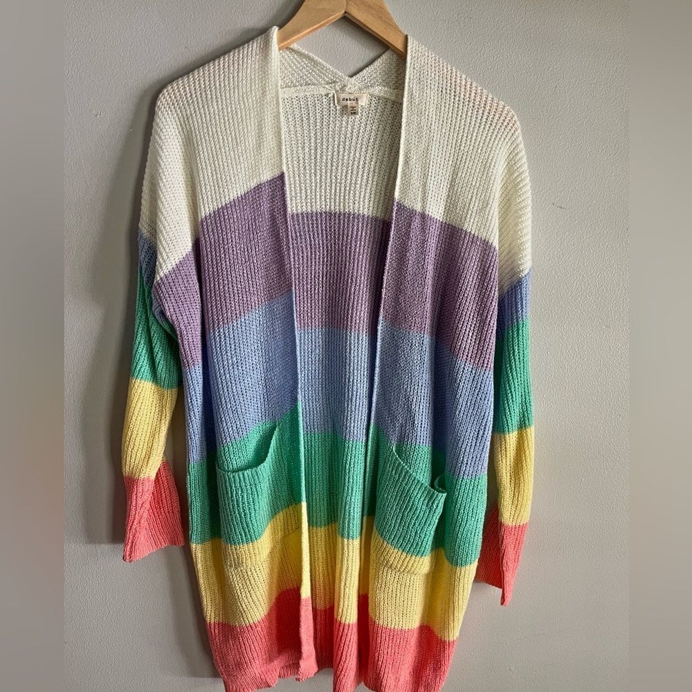 Debut Rainbow Color Block Waffle Knit Cardigan Sweater Longline Pockets S-M